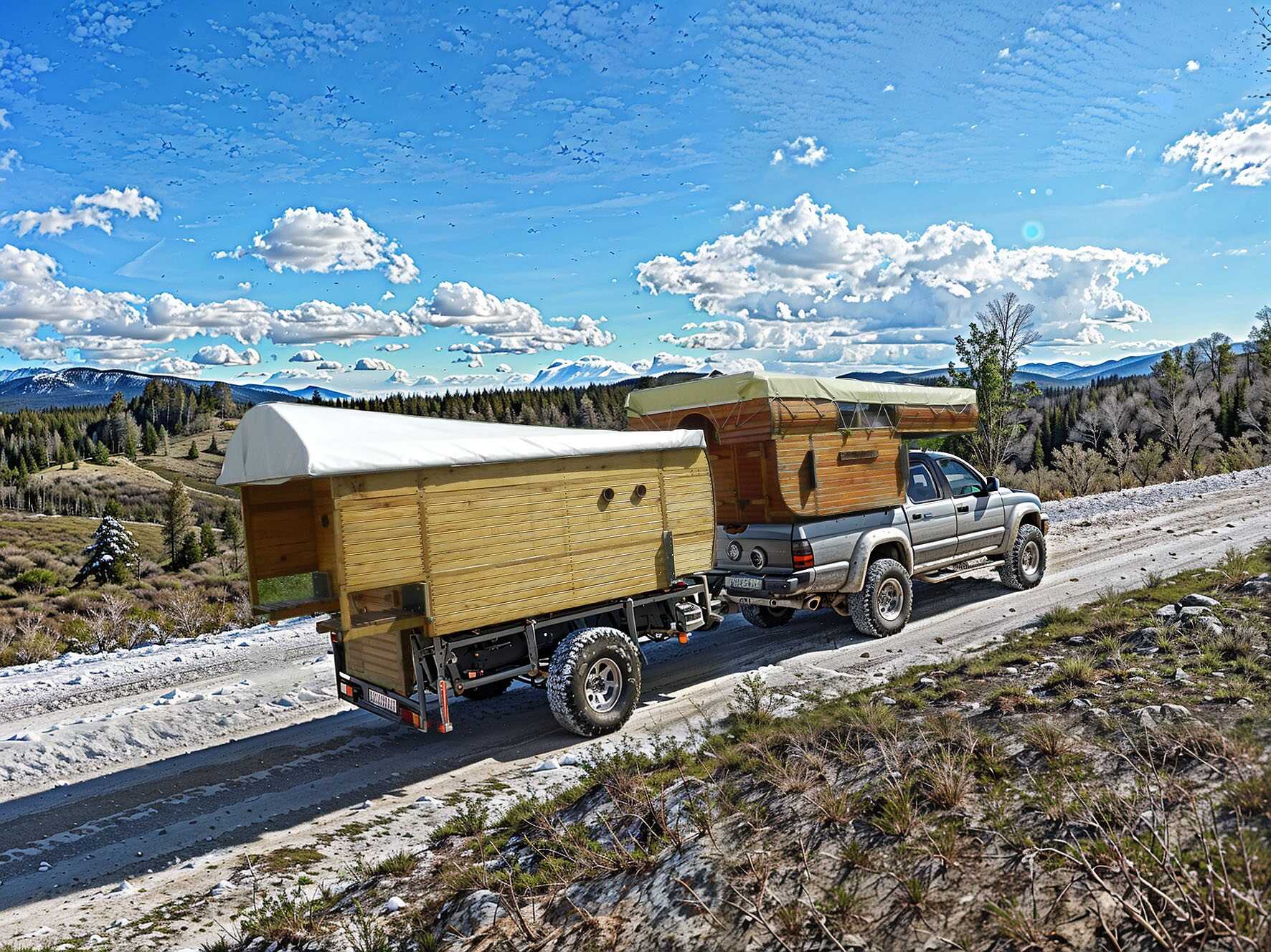 Ein Pick-up mit Anhänger in einer Schneelandschaft.